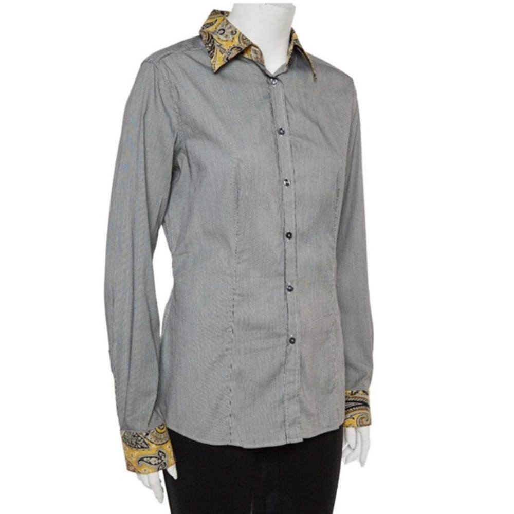 Etro Blue and White Cotton Stripe Body with Paisley Print Shirt size 46 Medium